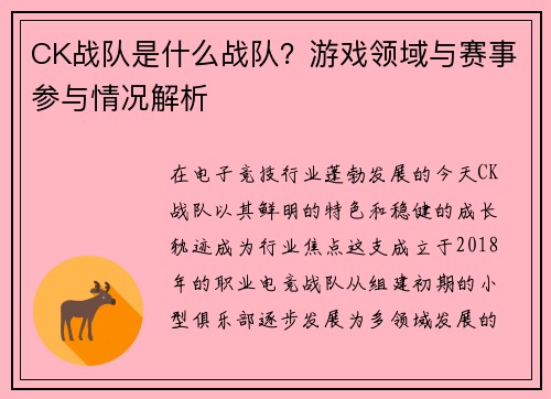 CK战队是什么战队？游戏领域与赛事参与情况解析