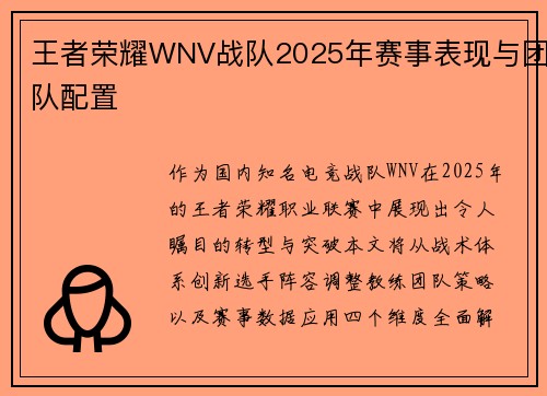 王者荣耀WNV战队2025年赛事表现与团队配置